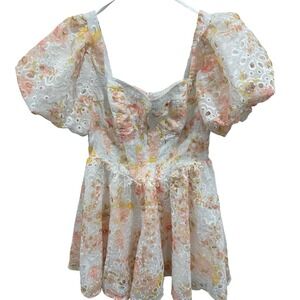 Altar‎ State Floral Lace Puff Sleeve Mini Dress White Pink Yellow Size M